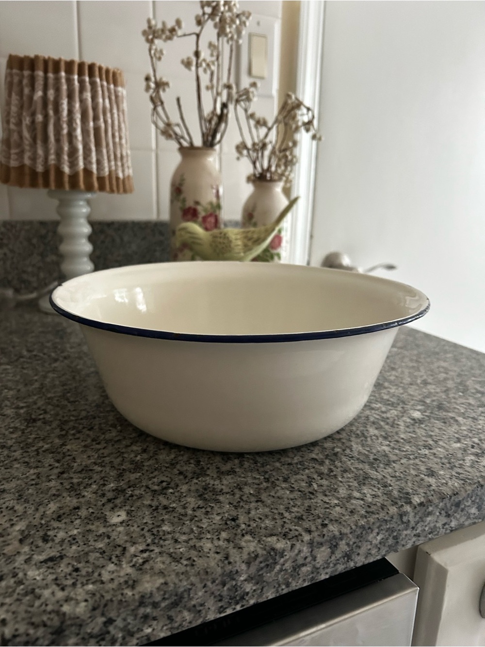 Cream Enamel Mixing Bowl with Navy Trim 10” across and 4” deep